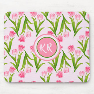 Mousepad Flores Florais bonito De Tulipas Rosa Deixam Monog