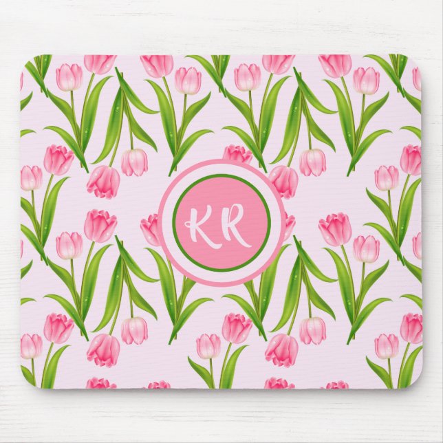 Mousepad Flores Florais bonito De Tulipas Rosa Deixam Monog (Frente)
