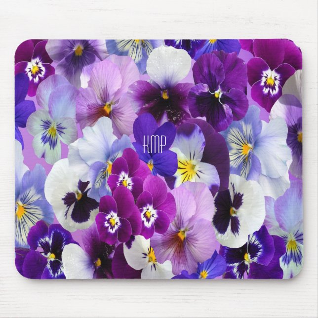 Mousepad Flores Florais Pansy Azul Púrpura, Monograma (Frente)