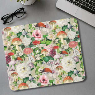 Mousepad Flores fofas cogumelo fungos bege jardim