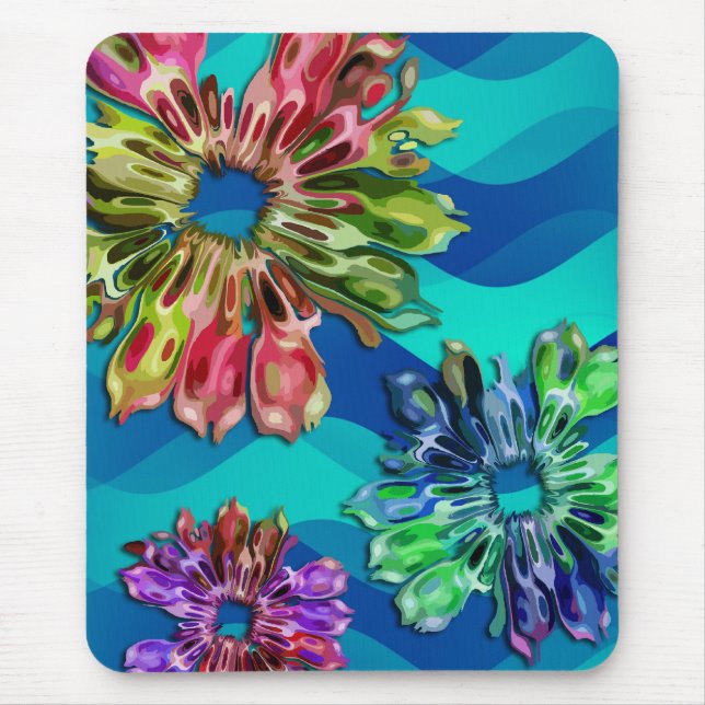 Mousepad Flores fractais abstrato 2D | ondas cianas azuis (Frente)