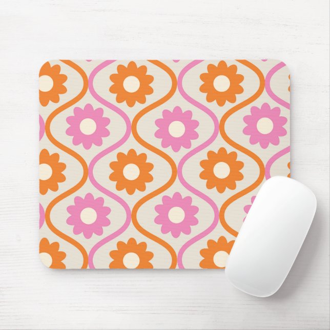 Mousepad Flores Laranja e Rosa em Ogee Retro (Com mouse)