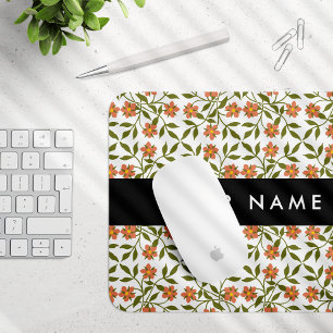 Mousepad Flores Laranja, Padrão Floral, Boho, Seu Nome