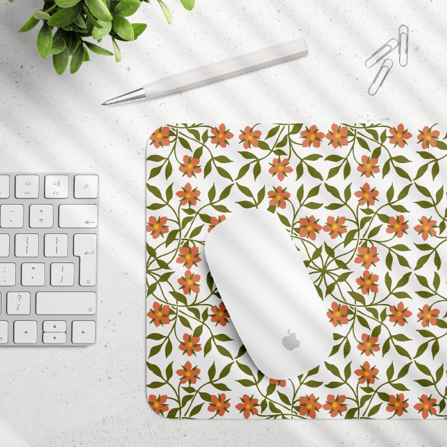 Mousepad Flores Laranja, Padrão Floral, Verde, Boho (Criador carregado)