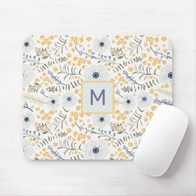 Mousepad Flores Monogramas Padrão Botânico Amarelo Azul (Com mouse)