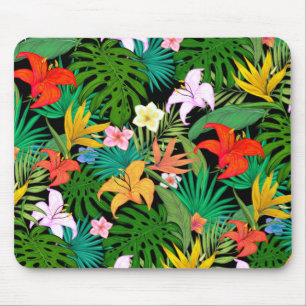 Mousepad Flores Multicoloridas & Folhas de Palmeira em Pret