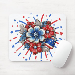 Mousepad Flores Patrióticas em Branco Vermelho e Azul 4 de