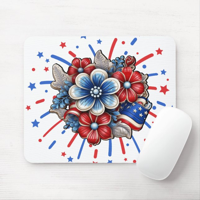 Mousepad Flores Patrióticas em Branco Vermelho e Azul 4 de  (Com mouse)