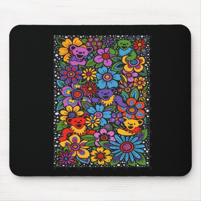 Mousepad Flores Psicodélicas Ursos Dançantes Grade Colorida (Frente)