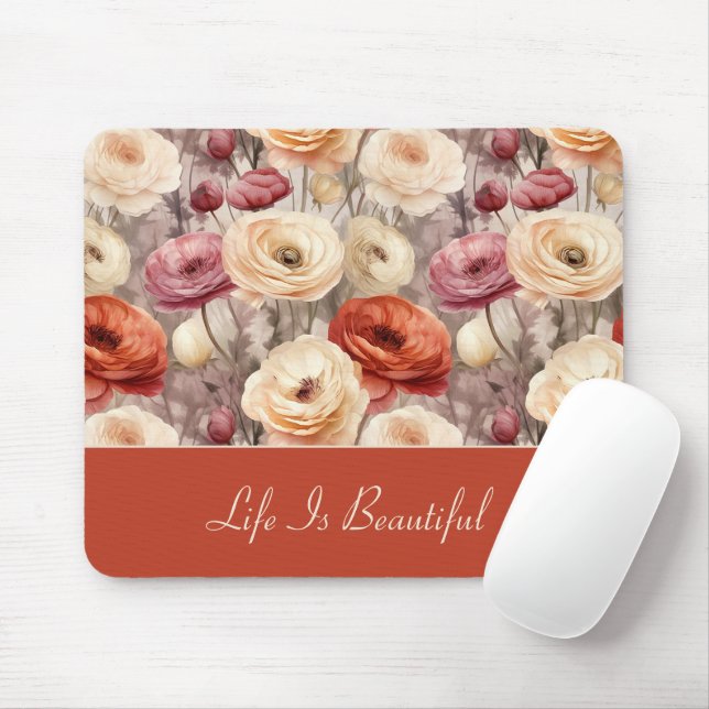 Mousepad Flores Ranunculus Vermelhas Rosadas Creme   (Com mouse)