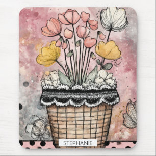 Mousepad Flores Românticas de Primavera em Rosa e Dourado