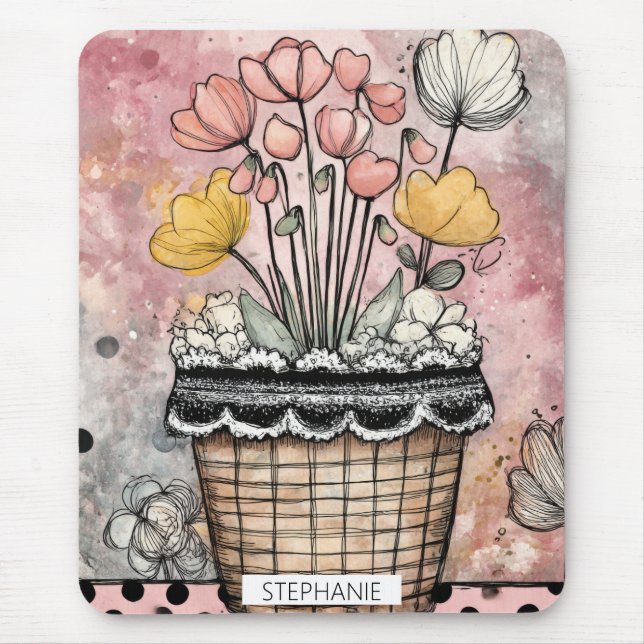 Mousepad Flores Românticas de Primavera em Rosa e Dourado (Frente)