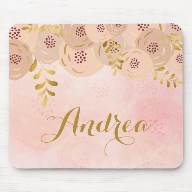 Mousepad Flores Rosa com Destaque de Folha Ouro Personaliza (Frente)