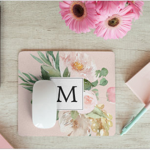 Mousepad Flores Rosa Cor-de-Água Moderna Monogramadas 