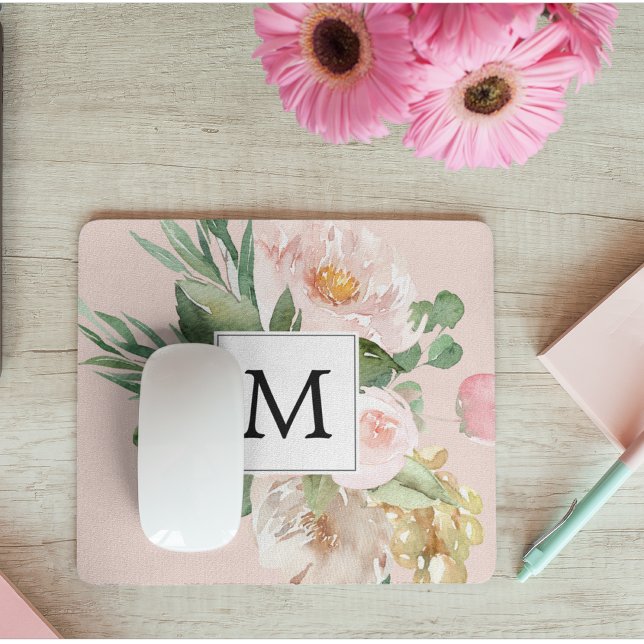 Mousepad Flores Rosa Cor-de-Água Moderna Monogramadas (Criador carregado)