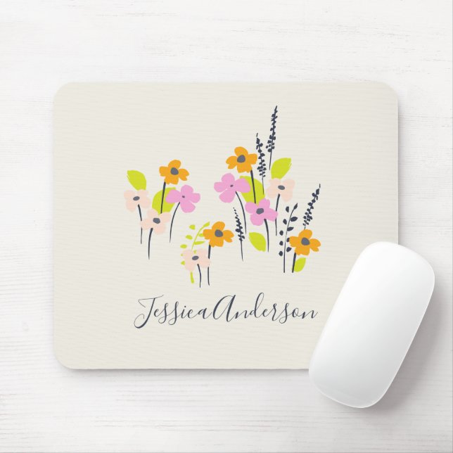 Mousepad Flores Rosa e Verde | Nome Personalizado (Com mouse)
