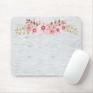 Mousepad Flores Rosa Em Pássaro Branco