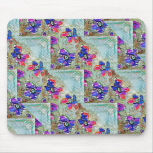 Mousepad Flores roxas e azuis quadrados Zigzags