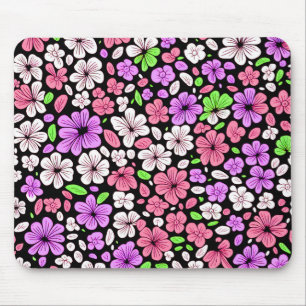 Mousepad Flores Roxas e Rosadas e Padrão de Pétalas Preto