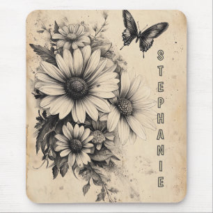 Mousepad Flores russas e borboletas - Papel envelhecido (11