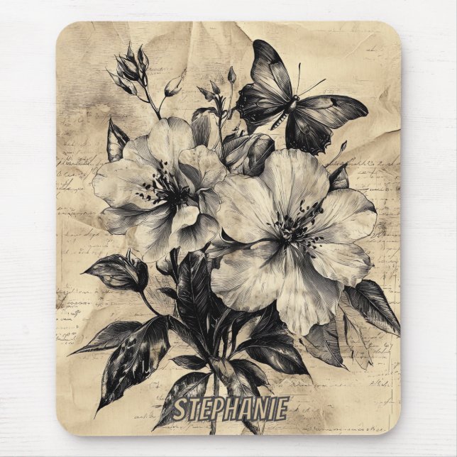Mousepad Flores russas e borboletas - Papel envelhecido (4) (Frente)