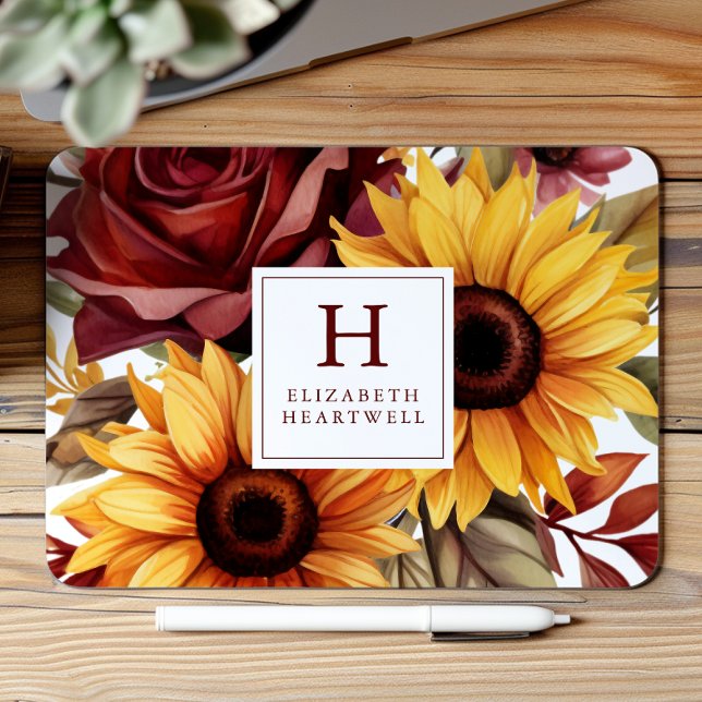 Mousepad Flores Rústicas Girassóis Burgundy Monograma (Criador carregado)