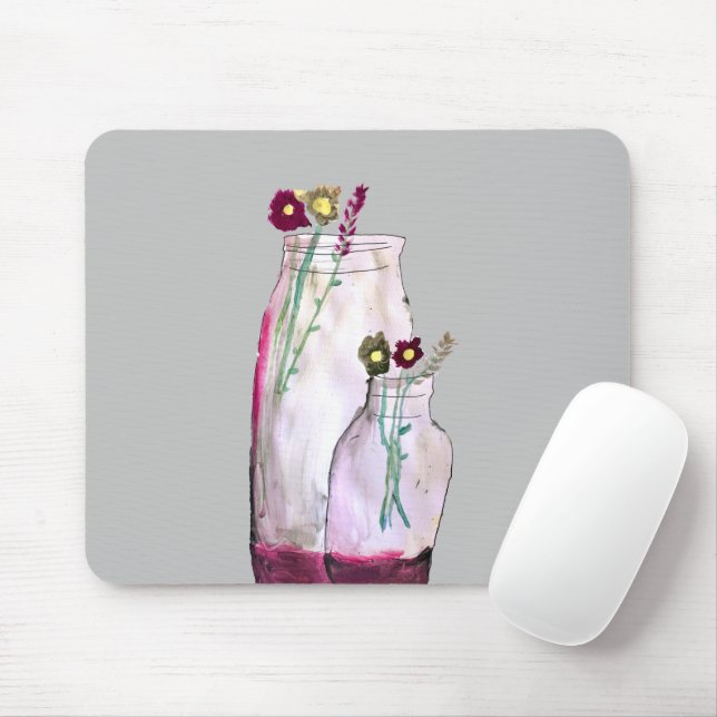 Mousepad Flores silvestres de aquarelas brancas em vaso (Com mouse)