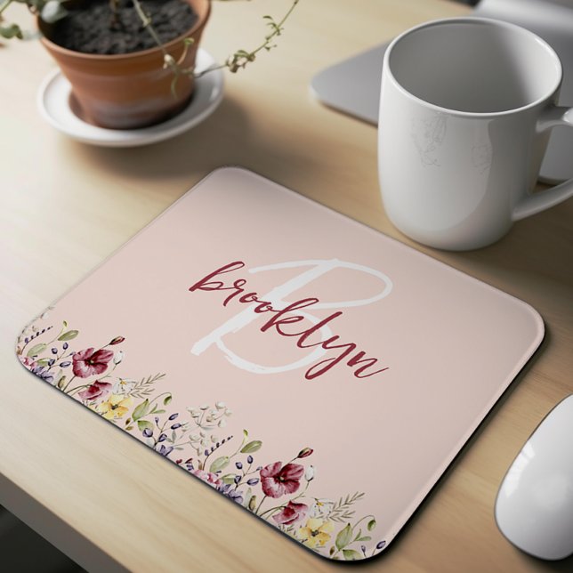 Mousepad Flores Silvestres Enrubescem Rosa Borgonha Branco  (Criador carregado)