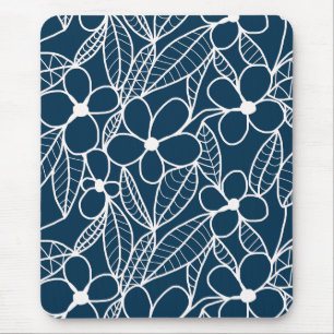 Mousepad Flores Tropicais Azuis e Brancos Escuros