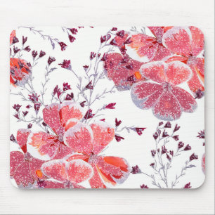Mousepad Flores vermelhas cor-de-rosa em branco.