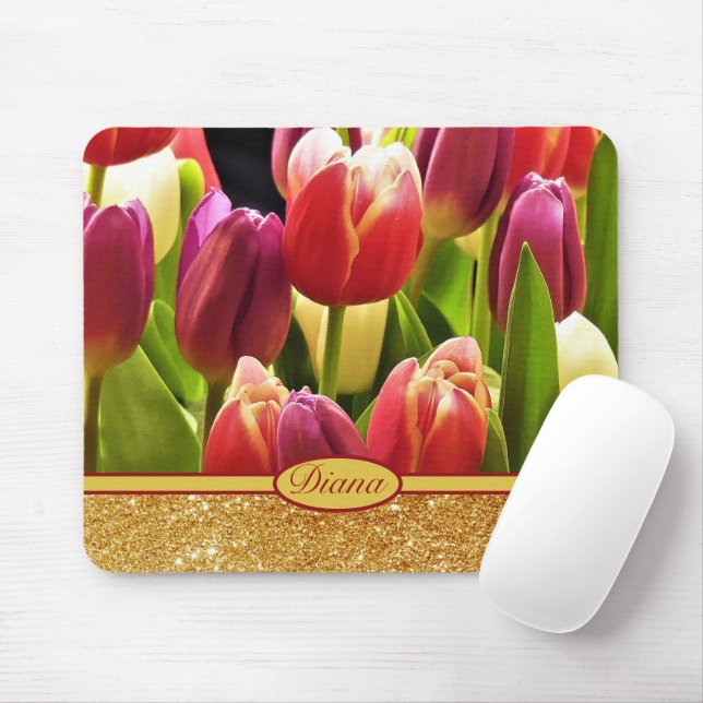 Mousepad Flores Vermelhas Flores Douradas Sparkles Nome Flo (Com mouse)