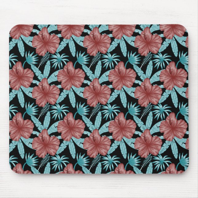 Mousepad Flores vermelhas padrão uniforme tropical folhas & (Frente)
