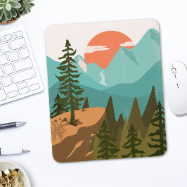 Mousepad Floresta Abstrata Moderna, Montanhas e Nascer do S