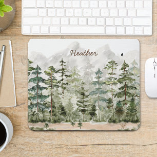 Mousepad Floresta de Pinheiros Verde Aquarela na Montanha