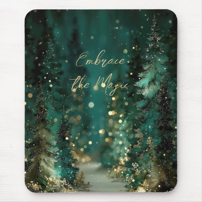 Mousepad Floresta Mágica Verde Turquesa com Bokeh Dourado (Frente)