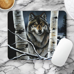 Mousepad Floresta Mística de Bétula do Lobo Alfa de Inverno