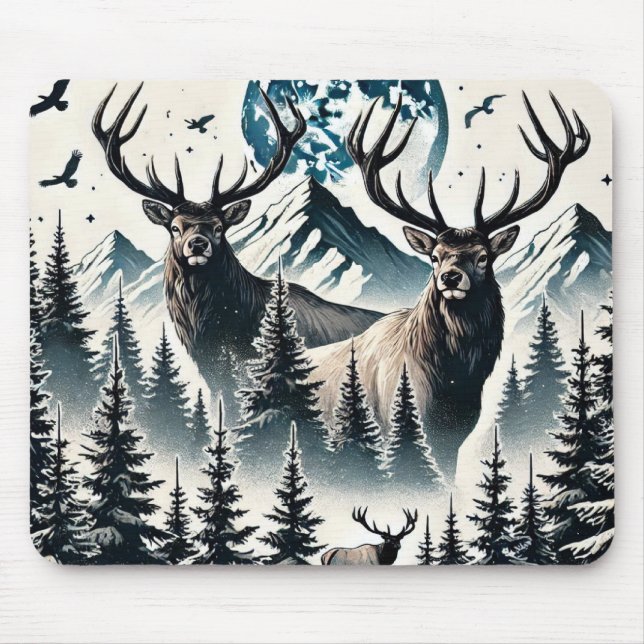 Mousepad Floresta Mística de Montanha ao Luar com Alce (Frente)