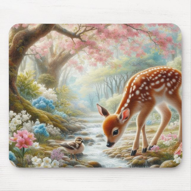 Mousepad Florestas de primavera com pato e fada/veado (Frente)
