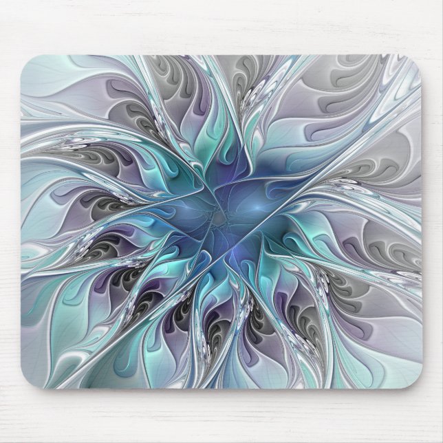 Mousepad Flourar Abstrato Moderno Flor Fractal Com Azul (Frente)