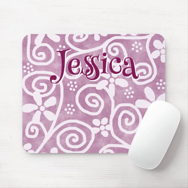 Mousepad Flowers Swirls Pink White Pattern Personalized (Com mouse)