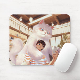 Mousepad Fluffy Giant: Selfie de Gato Branco no Café Retro