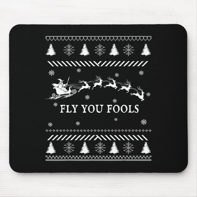 Mousepad Fly You Fools Wizard Santa Sleigh Reindeer Ugly Ch (Frente)
