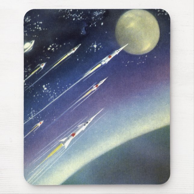 Mousepad Foguetes de Ficção Científica Vintage no Espaço po (Frente)