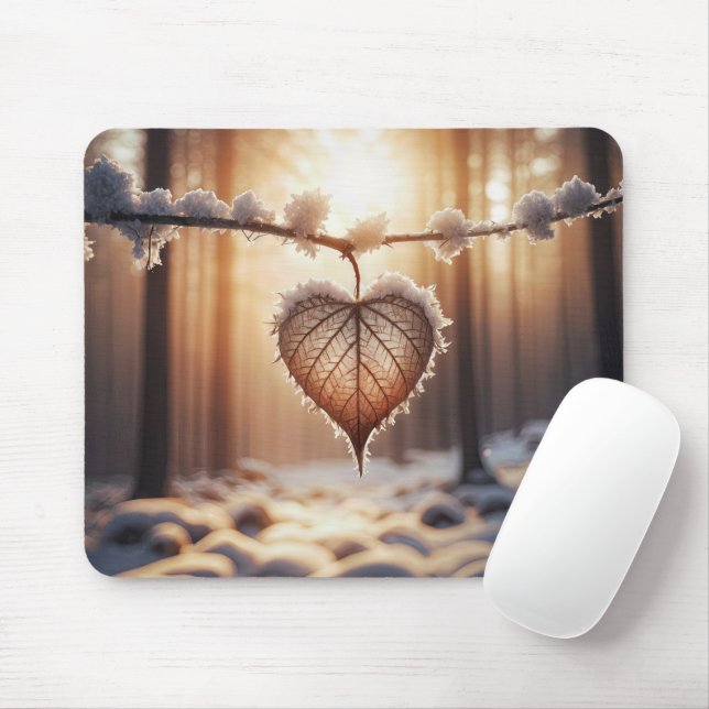 Mousepad Folha De Coração No Ramo De Inverno (Com mouse)
