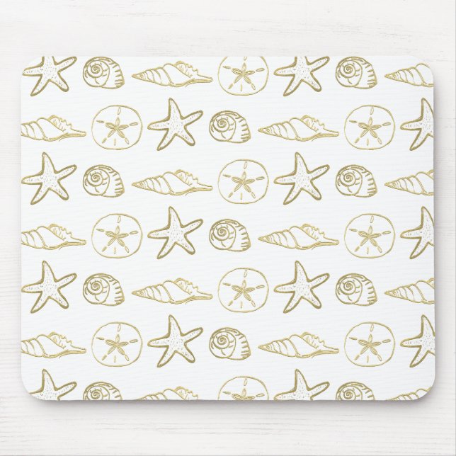 Mousepad Folha de Ouro, Conchas de Mar Chic Beach Elegante  (Frente)