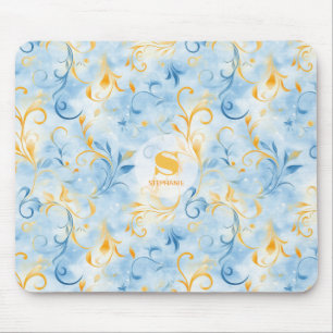 Mousepad Folha Elegante Azul e Dourada Inspirada em Paisley