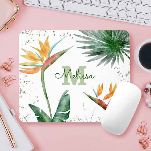 Mousepad Folhagem Tropical Palm Floral Monograma Script Dou (Criador carregado)