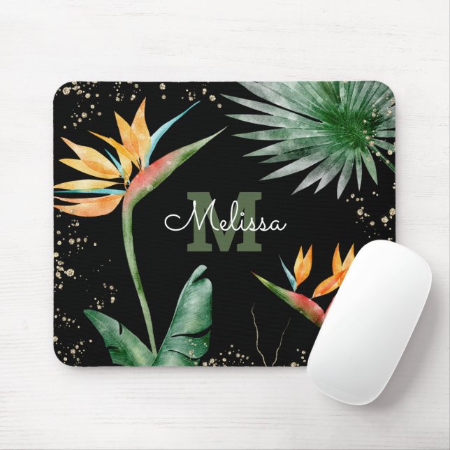 Mousepad Folhagem tropical Palm Monograma Script Dourado Pr (Com mouse)