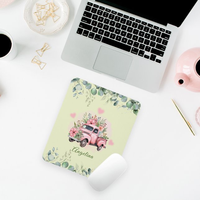 Mousepad Folhagem Verde Floral Rosa-Rosa-Rosa, Caminhão-Vin (Criador carregado)