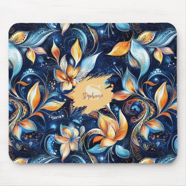 Mousepad Folhas azuis e Douradas de salsa Abstrato (2) (Frente)